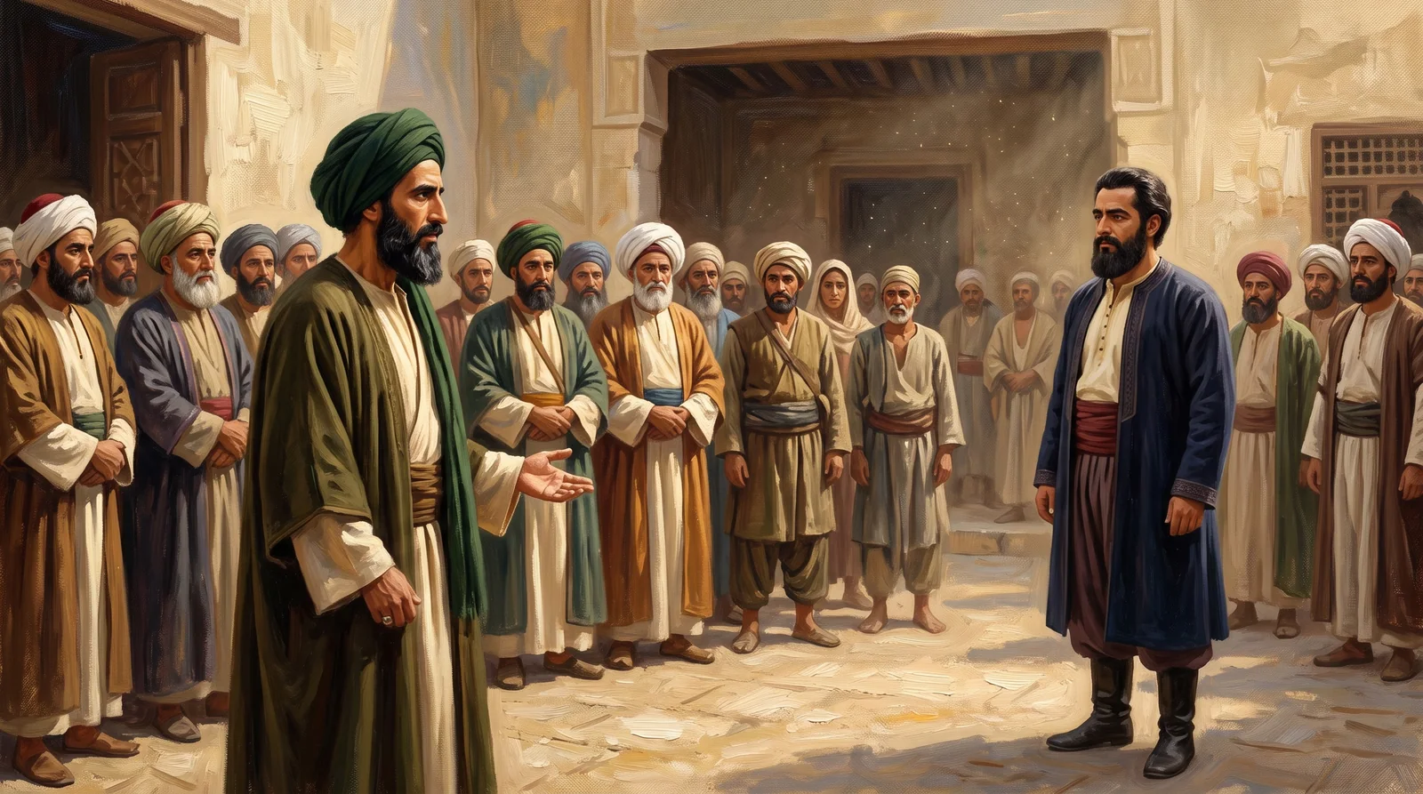 الوفد الشعبي بقيادة عمر مكرم والعلماء والأعيان يعرضون على محمد علي حكم مصر في فناء منزله عام 1805، حيث تظهر ملامح العزم والرجاء على وجوه الحاضرين