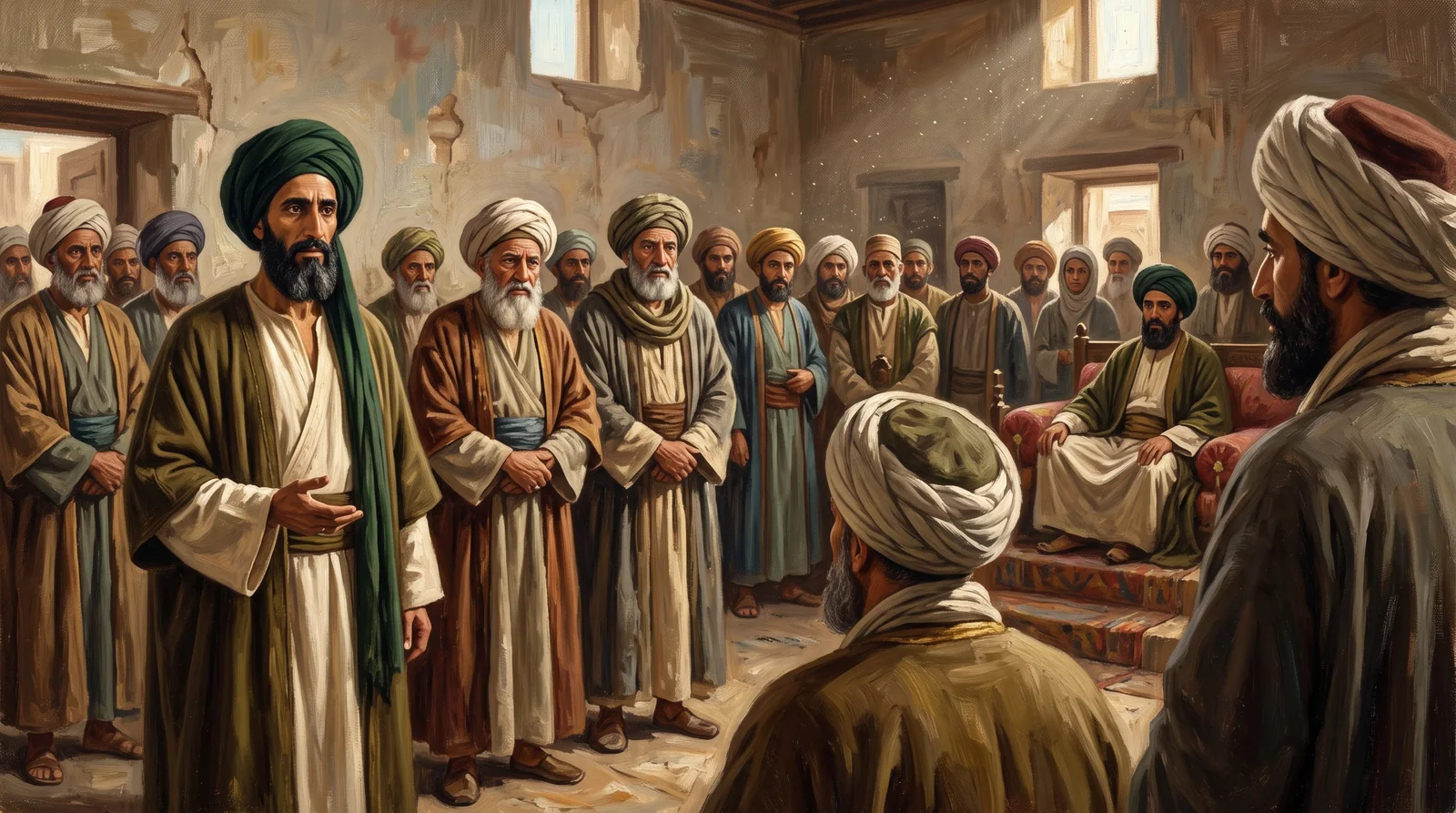 حشد من الجنود الثائرين يطالبون بمرتباتهم ويحاصرون أبواب الخزانة المغلقة في شوارع القاهرة المضطربة عام 1803 مع تصاعد الغبار في الخلفية